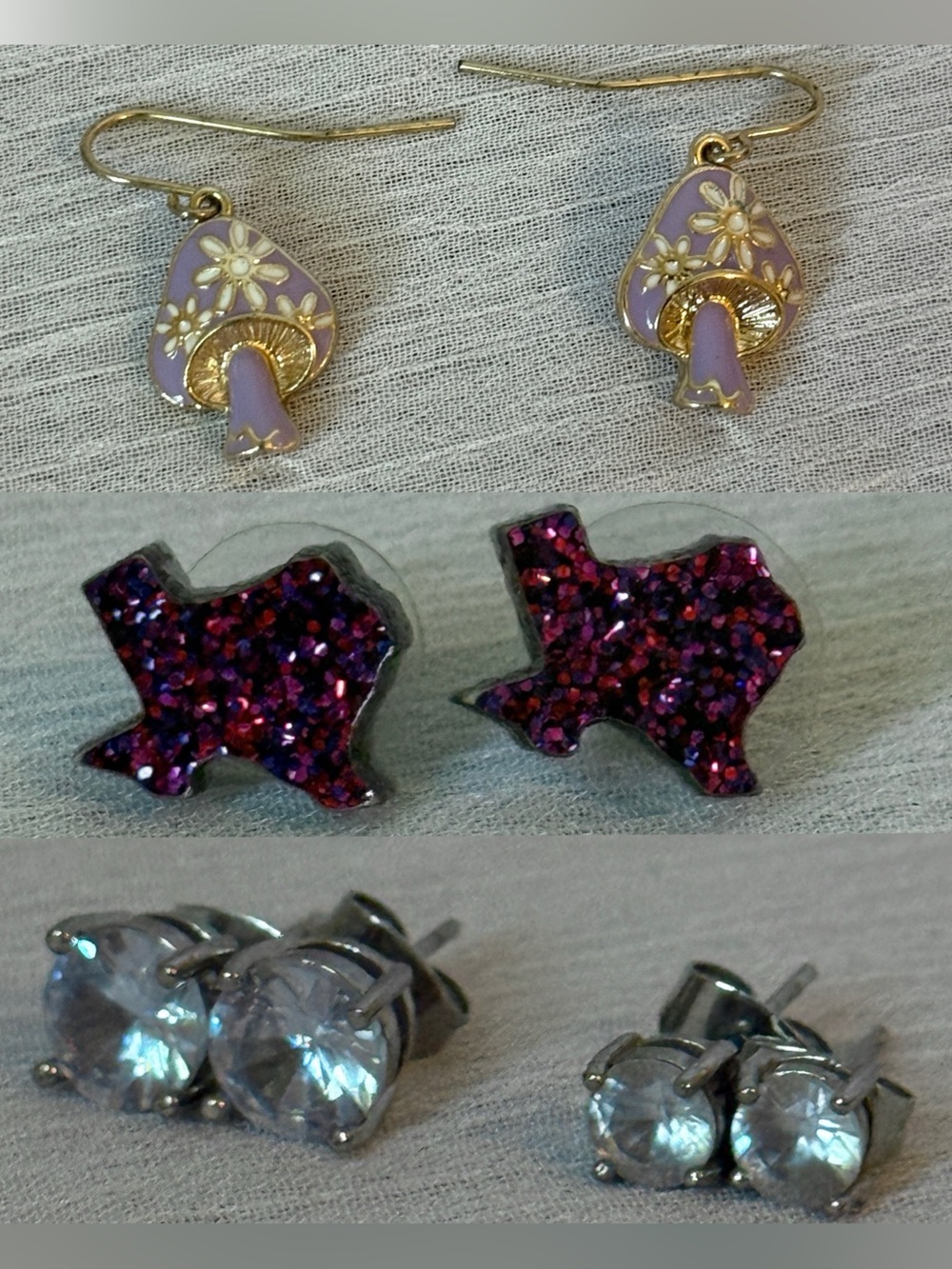 Earring set: Mushroom flower dangle, Texas studs and 2 pair crystal studs